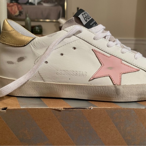 Golden Goose White Sneakers with Pink Star and Gold Heel - Picture 1 of 3